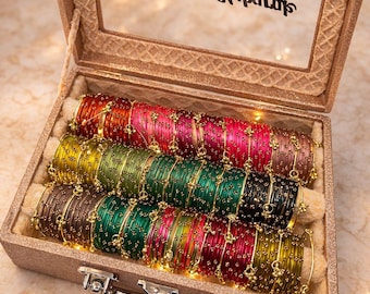 Personalized Wedding Bangle Set – 15 Shades Glass, 32 Kashmiri Ghungroo Bangles, Vanity Box