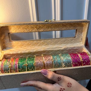 Personalized Kashmiri Bangle Set | 72 Pcs Indian Glass Bangles, Custom Name Box