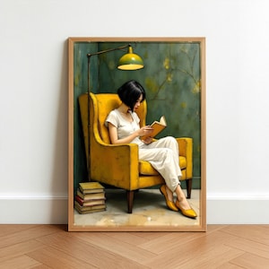 May include: A framed art print depicts a person reading in a yellow armchair under a green lamp. The person is wearing white clothing and yellow shoes. A stack of books sits on the floor next to the chair. The background features a green and gold floral design.