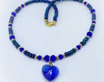 Blue Glass Heart and Faceted Crystal Handmade Necklace with Blue Faceted Glass Heart Pendant ladies gift handmade dark blue heart necklace