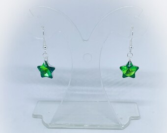 Lime Green Aurora Borealis Crystal Glass Star Earrings for pierced ears gift for her dangly dropper green star crystal earrings