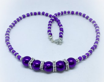 Purple Glass Pearl and Clear Crystal Diamanté Rondelle Handmade 16 inch Necklace with purple and silver colour seed beads gifts for her