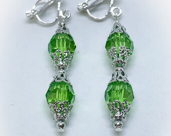 Peridot Green Colour Faceted Acrylic Fancy Dropper Clip On Earrings Gifts for her Green Bead Dangle Dropper Clip On Earrings ladies gift