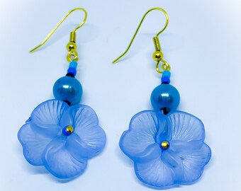 Light Blue Pansy Flower Earrings with Light Blue Pearl Beads and mixed blue glass seed beads dangle dropper earrings handmade gifts for her