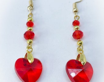 Red Glass Heart and Faceted Crystal Handmade Earrings & Red Faceted Glass Heart for Pierced Ears ladies handmade red heart earrings for her