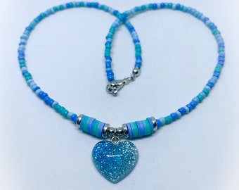 Turquoise Blue & Teal Green Random Bead Handmade Necklace with Blue Resin Glitter Heart Pendant 16 in handmade blue heart necklace pendant