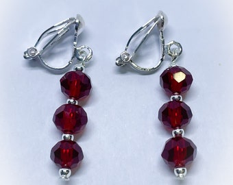 Dark Red Triple Crystal Faceted Crystal Dangle Dropper Clip On Earrings for non pierced ears handmade red earrings danglers clip on earring