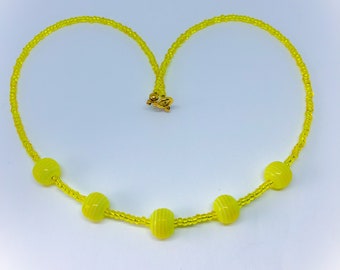 Yellow handmade necklace & striped resin beads approx 18 inches glass seed bead necklace gift for her ladies gift yellow necklace