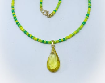 Yellow Glass Teardrop Pendant and Yellow & Green seed beads in a random mix 16 in handmade necklace gift for her ladies gift glass pendant