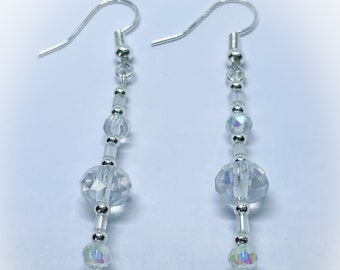 Clear Faceted Crystal Glass Bead Dropper Earrings for pierced ears - gifts for her ladies earrings aurora borealis clear dangle earrings