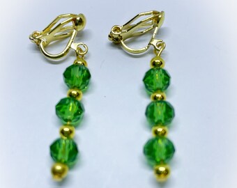 Mid Green Triple Crystal Faceted Crystal Dangle Dropper Clip On Earrings for non pierced ears handmade mid green earrings danglers clips