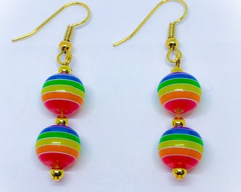 Rainbow Striped Resin Bead Earrings for pierced ears Rainbow Dangle Earrings Rainbow Earrings Rainbow Dropper Earrings Rainbow Bead Earrings