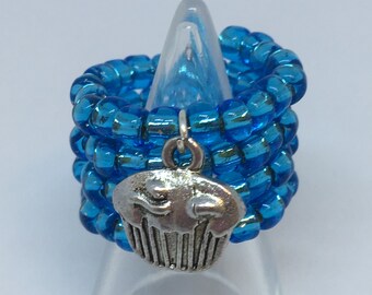 Cupcake Charm Turquoise Blue Rocaille Ring Memory Wire Expandable by JulieDeeleyJewellery on Etsy