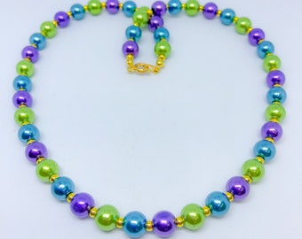 Lime Green Purple & Blue Plastic Pearl Necklace with gold colour beads handmade necklace ladies gift gift for her pearl necklace