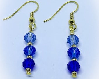 Blue Ombre Triple Crystal Faceted Crystal Dangle Dropper Earrings for pierced ears handmade blue earrings blue drops blue danglers gift