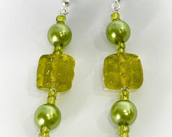 Lime Green Glass Crosshatch Pattern Bead Earrings for pierced ears with green pearl plastic beads and lime green glass seed beads
