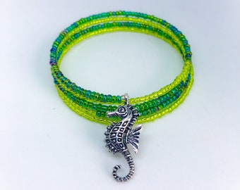 Seahorse Bracelet Cuff Crystal Lime Green and Teal Sea Green Rocaille Seed Bead Memory Wire Expandable Bracelet Ladies Jewellery