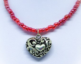 Red Glass Heart Handmade Necklace with Ornate Antique Silver colour heart pendant 18 inches ladies gift handmade necklace heart necklace