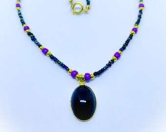 Black Glass Oval Pendant with Peacock and Purple seed beads approx 16 inch handmade necklace ladies gift gift for her