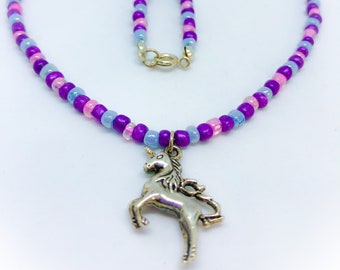 Unicorn Charm necklace beaded in pink purple and blue ladies jewellery gifts for her unicorn gift Unicorn Necklace Unicorn present