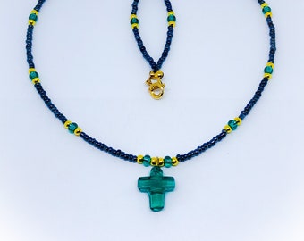 Teal Green Glass Cross and grey colour seed bead rocaille Pendant with gold colour beads 18 in necklace Unisex Jewellery Cross Necklace