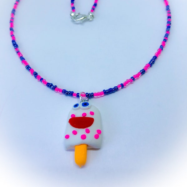 White Ice Lolly Fun Food Necklace of pink & purple glass beads with polymer clay white ice lolly novelty fun food gift for her lolly pendant