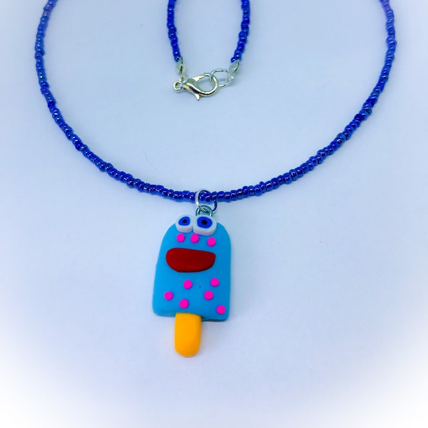 Blue Ice Lolly Fun Food Necklace of blue glass beads & polymer clay light blue ice lolly novelty fun food charm gift for her lolly pendant