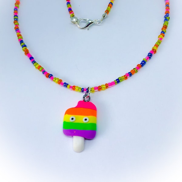 Rainbow Ice Lolly Fun Food Necklace of multicolour glass beads with polymer clay rainbow ice lolly novelty fun food charm gift for her