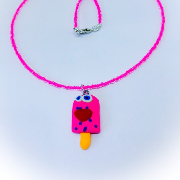 Pink Ice Lolly Fun Food Necklace of pink glass beads with polymer clay pink ice lolly novelty fun food charm gift for her pink lolly pendant