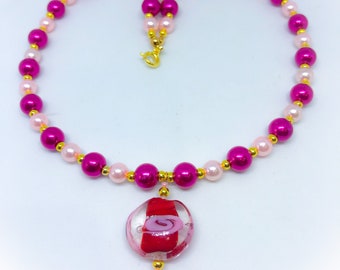 Red and Pink Pearl Necklace with Red and Pink Glass Swirl Pendant Handmade Necklace approx 16 inches ladies necklace handmade gift for her