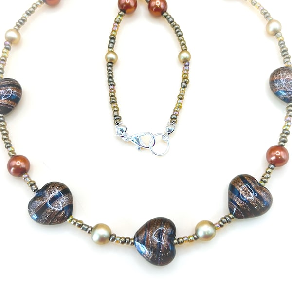 Handmade Glass Heart Necklace, Goldstone Trail & Pearl Beads, 18 inches