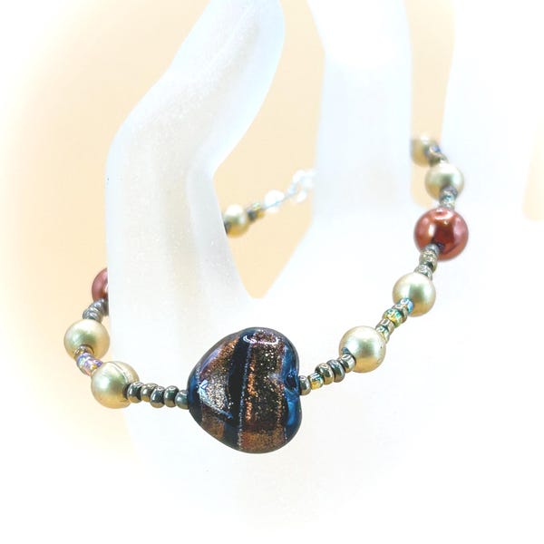 Handmade Goldstone Trail Glass Heart Bracelet, Bronze Pearl Beaded Jewellery