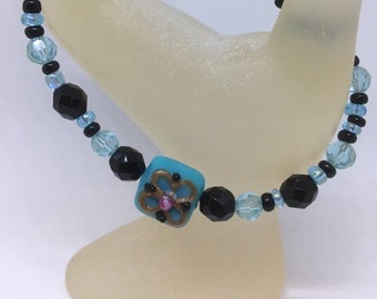 Turquoise Blue and Black Glass Bead Handmade Bracelet with Goldstone Trail Flower pattern-7 inch Handmade Bracelet-Ladies Gift-Gift for her