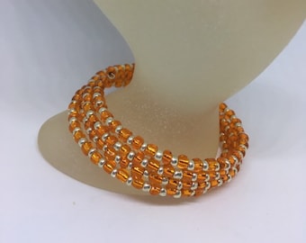 Orange & Silver coloured Glass Seed Bead Bracelet Memory Wire Wraparound Bracelet Cuff Bracelet Ladies Gift Gifts fo her