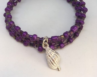 Whelk Shell Cuff Purple Bead Memory Wire Cuff With Silver Colour Whelk Shell Charm Ladies Gift, Handmade Bracelet, Handmade Cuff