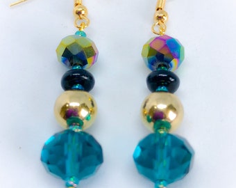 Handmade Earrings Teal Green Crystal Glass Faceted bead with Aurora Borealis with gold colour beads for pierced ears handmade teal earrings