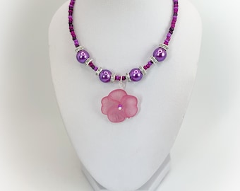 Light Purple Pansy Flower Necklace Pendant with clear crystal rondelles and random purple berry mixed colour seed beads 18 inch Necklace