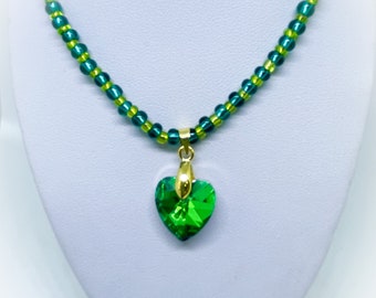 Teal Green and Lime Green Bead Crystal Glass Heart Handmade Necklace with teal & lime glass seed beads heart pendant handmade heart necklace