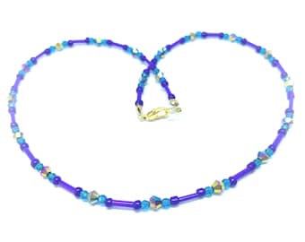 Handmade Purple Bugle Bead Necklace with Teal Crystal Accents