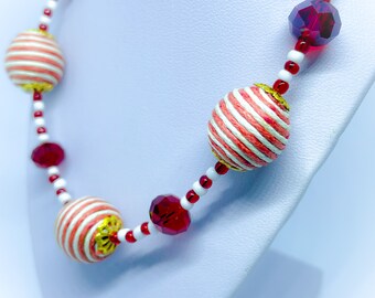 Red and White Stripe Fabric Bead and Red Faceted Crystal Bead Handmade Necklace approx 18 inches ladies gift handmade red necklace