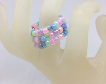 Pearl Pastel Multicolour Rainbow Ring Memory Wire Expandable Glass Rocaille seed bead ring app Size Q by JulieDeeleyJewellery on Etsy