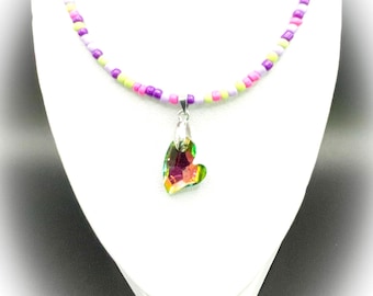 Pink Crystal Heart Necklace, Funky Glass Bead Pendant, Handmade 16 Inch