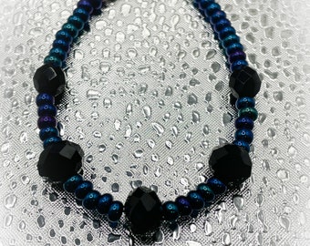 Iridescent Blue Seed Bead and Black Glass Faceted Bead Handmade Bracelet 7 inch Handmade Bracelet-Ladies Gift-Gift for her