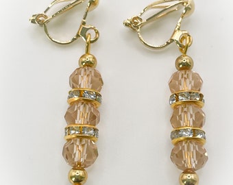 Beige Light Brown Triple Faceted Crystal Glass Bead with Clear Crystal Rondelle Beads Clip On Earrings for non pierced ears - ladies gift