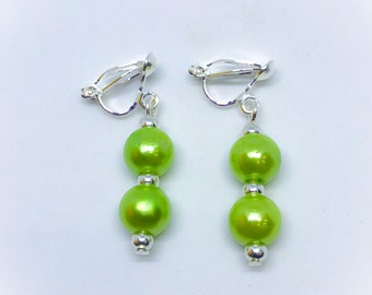 Light Green Plastic Pearl Double Dropper Clip On Earrings Gifts for her Green Pearl Dangle Dropper Clip On Earrings ladies gift clip ons