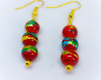 Red Metallic Foil Splash Pattern Glass Bead Handmade Earrings for pierced ears ladies gift for her red danglers red droppers red earrings