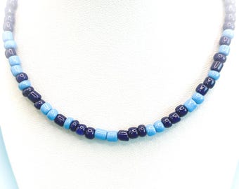 Blue Seed Bead Necklace, 16 inch Glass Beaded Jewellery