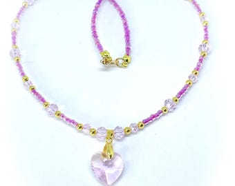 Handmade Pink Glass Heart Necklace with Faceted Crystal Beads