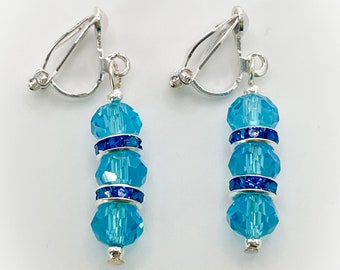 Turquoise Blue Triple Faceted Crystal Glass with Dark Blue Diamanté Rondelle Beads Clip On Earrings for non pierced ears - gifts for her