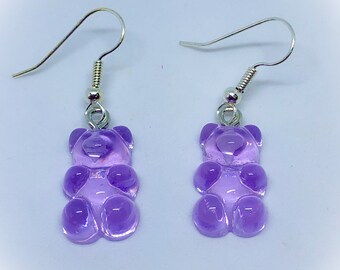 Cute Purple Gummy Bear Acrylic Dangler Dropper Earrings gifts for her Bear Earrings Purple Dropper Earrings